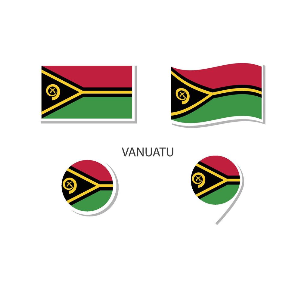 conjunto de iconos del logotipo de la bandera de vanuatu, iconos planos rectangulares, forma circular, marcador con banderas. vector