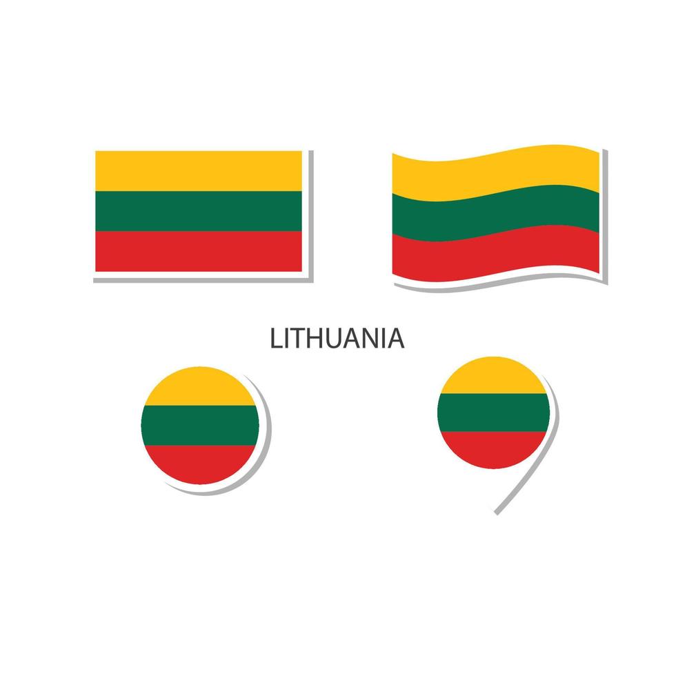 conjunto de iconos del logotipo de la bandera de lituania, iconos planos rectangulares, forma circular, marcador con banderas. vector