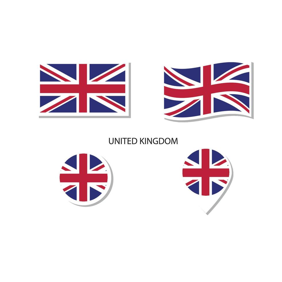 conjunto de iconos del logotipo de la bandera del Reino Unido, iconos planos rectangulares, forma circular, marcador con banderas. vector