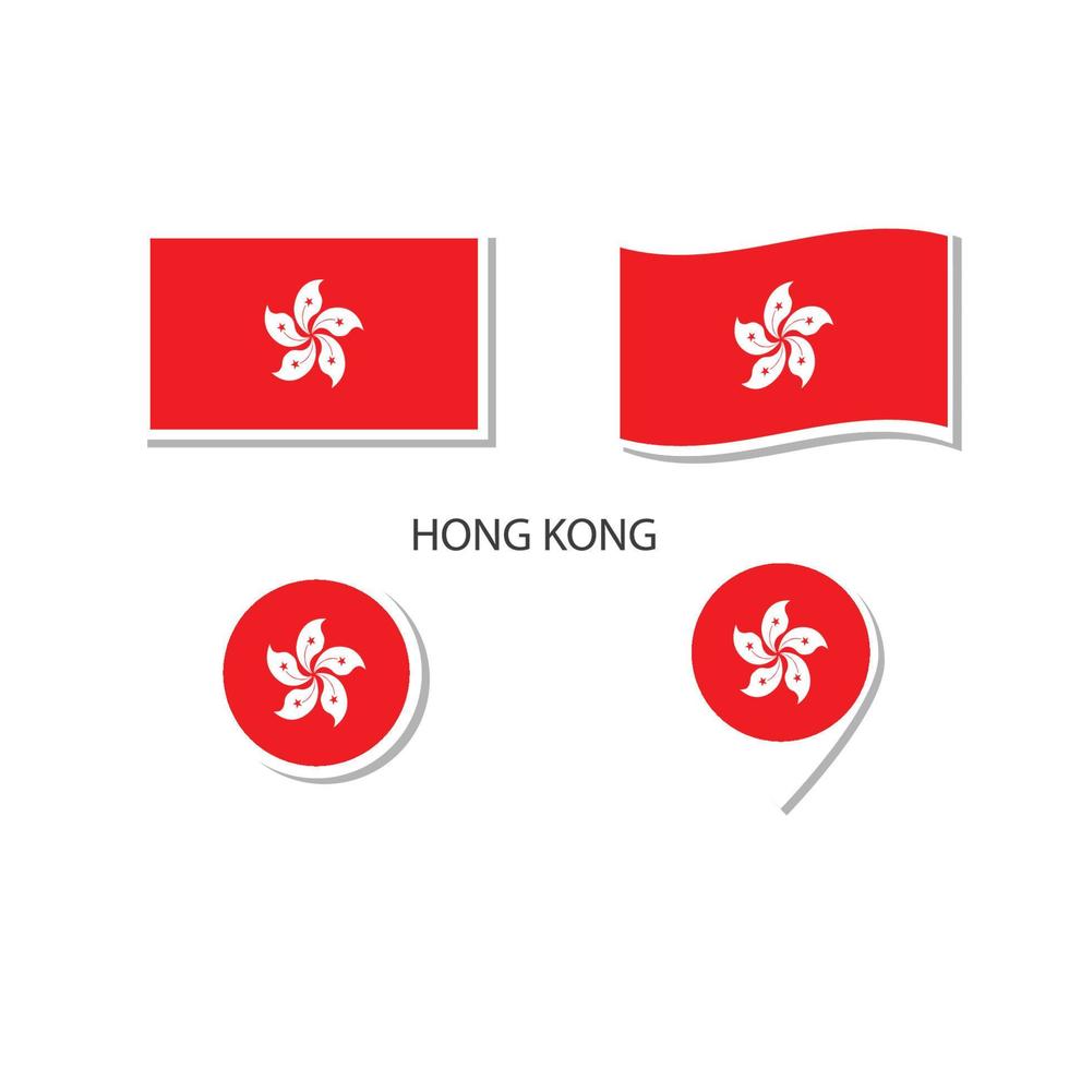 Hong Kong flag logo icon set, rectangle flat icons, circular shape, marker with flags. vector