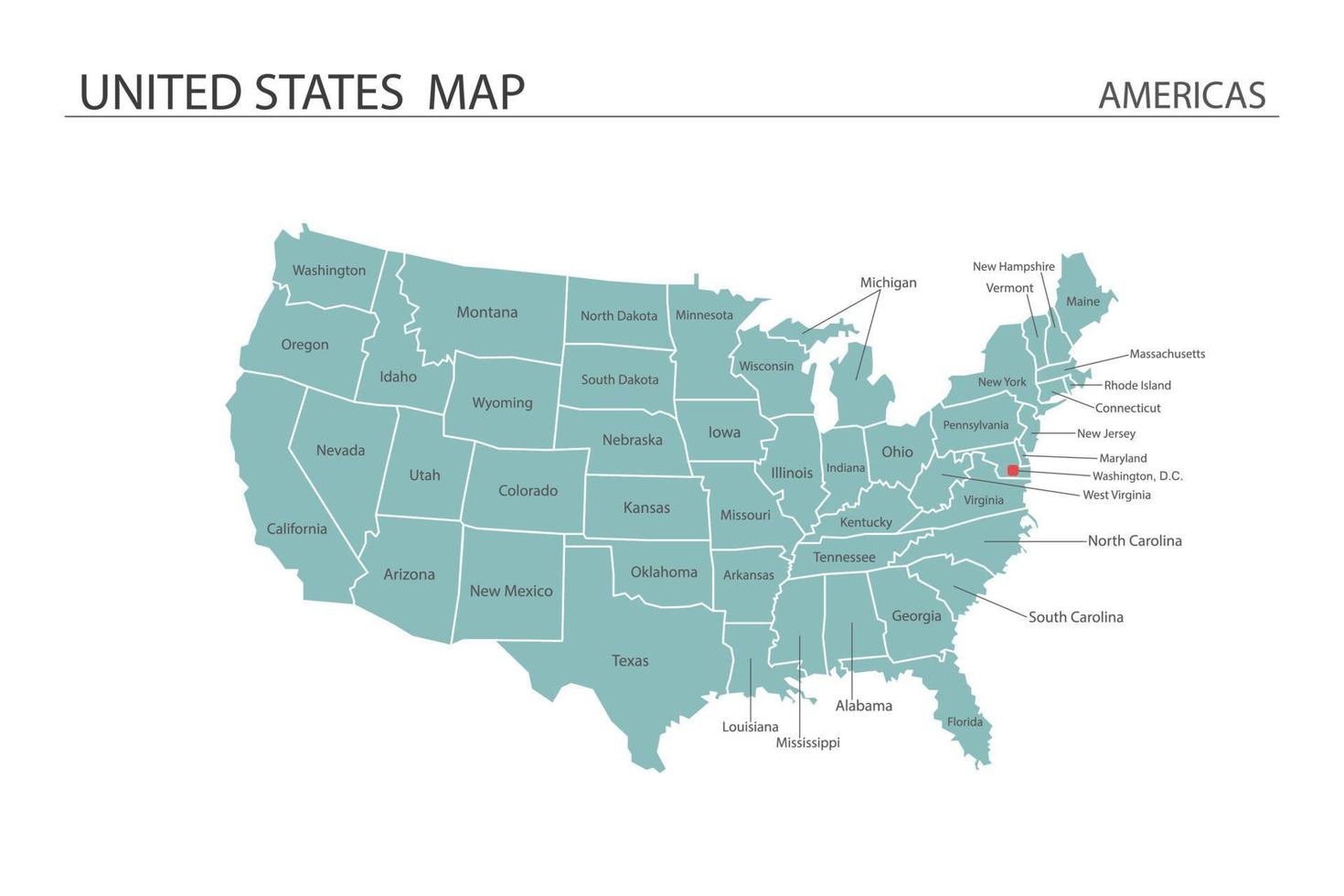 Ilustración de vector de mapa de Estados Unidos sobre fondo blanco. el mapa tiene toda la provincia y marca la ciudad capital de estados unidos.