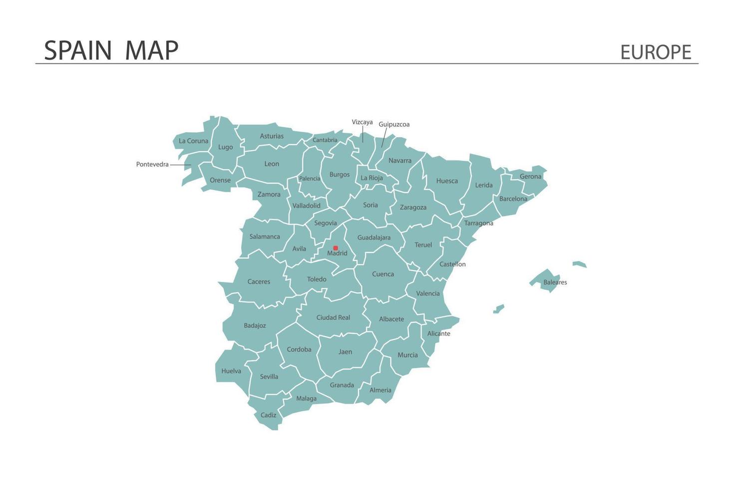 Spain map vector on white background. Map have all province and mark the capital city of Spain.