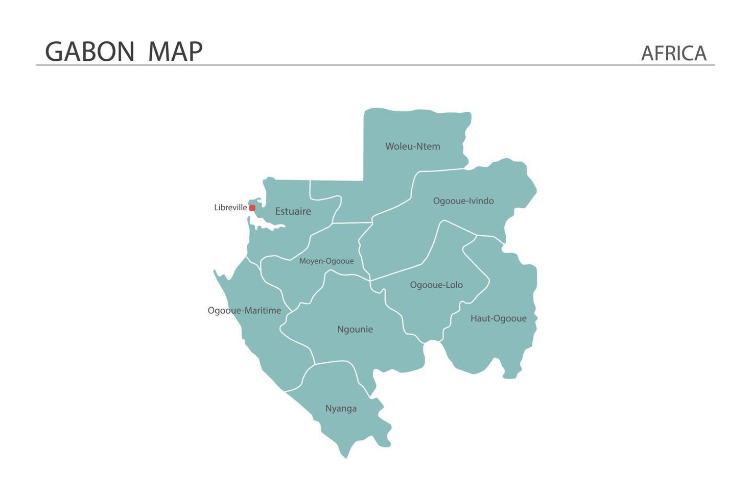 Ilustración de vector de mapa de Gabón sobre fondo blanco. el mapa tiene toda la provincia y marca la ciudad capital de gabón.