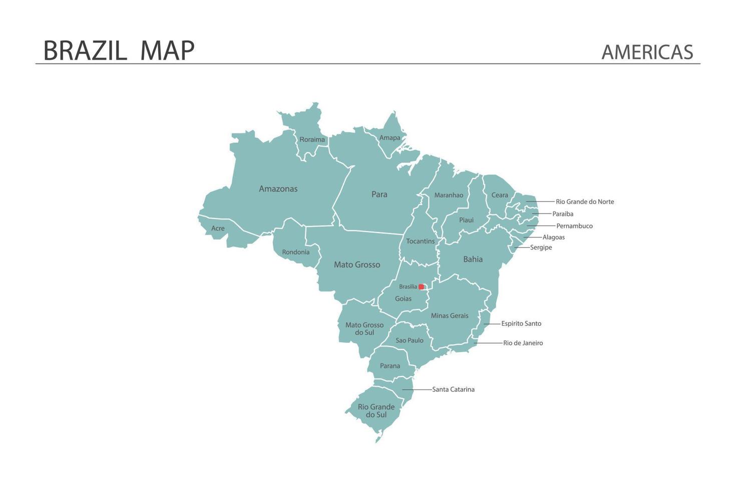 Brasil mapa vector sobre fondo blanco. el mapa tiene toda la provincia y marca la ciudad capital de brasil.
