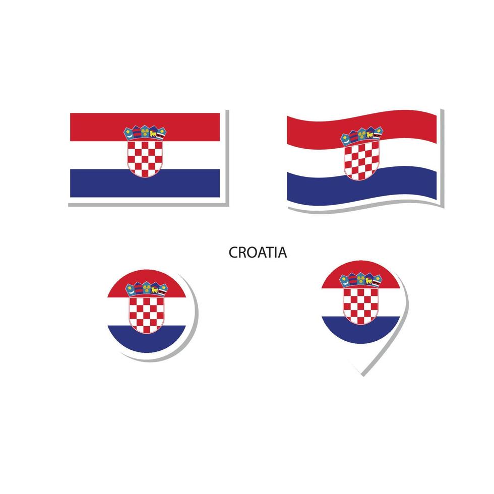 conjunto de iconos del logotipo de la bandera de croacia, iconos planos rectangulares, forma circular, marcador con banderas. vector