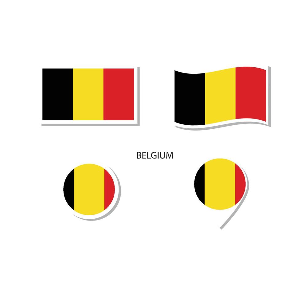 conjunto de iconos del logotipo de la bandera de Bélgica, iconos planos rectangulares, forma circular, marcador con banderas. vector