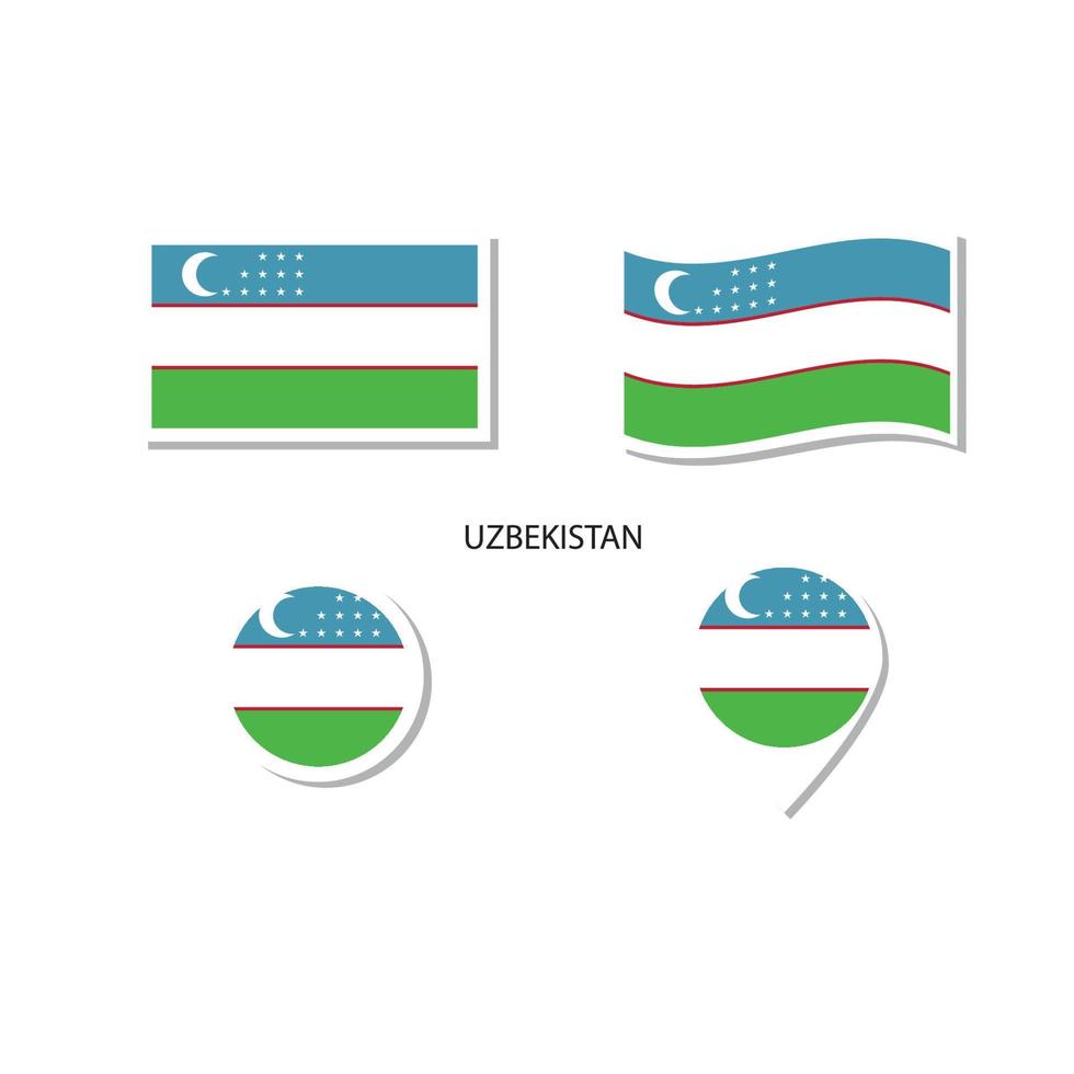 conjunto de iconos del logotipo de la bandera de uzbekistán, iconos planos rectangulares, forma circular, marcador con banderas. vector