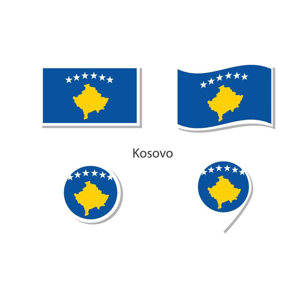 conjunto de iconos del logotipo de la bandera de kosovo, iconos planos rectangulares, forma circular, marcador con banderas. vector