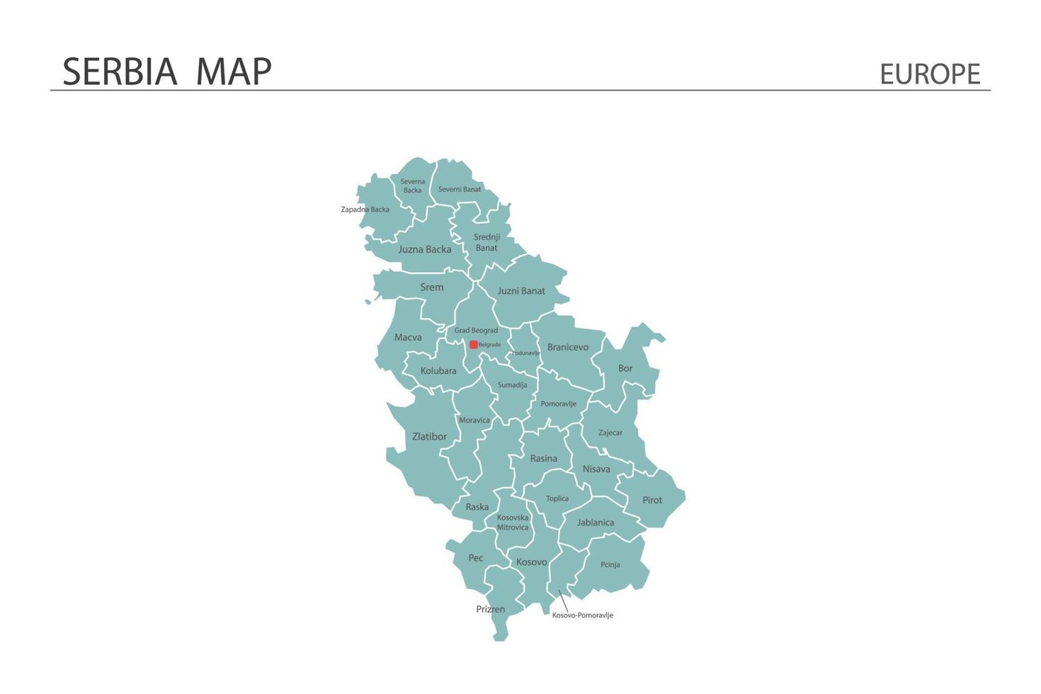 serbia mapa vector sobre fondo blanco. el mapa tiene toda la provincia y marca la ciudad capital de serbia.