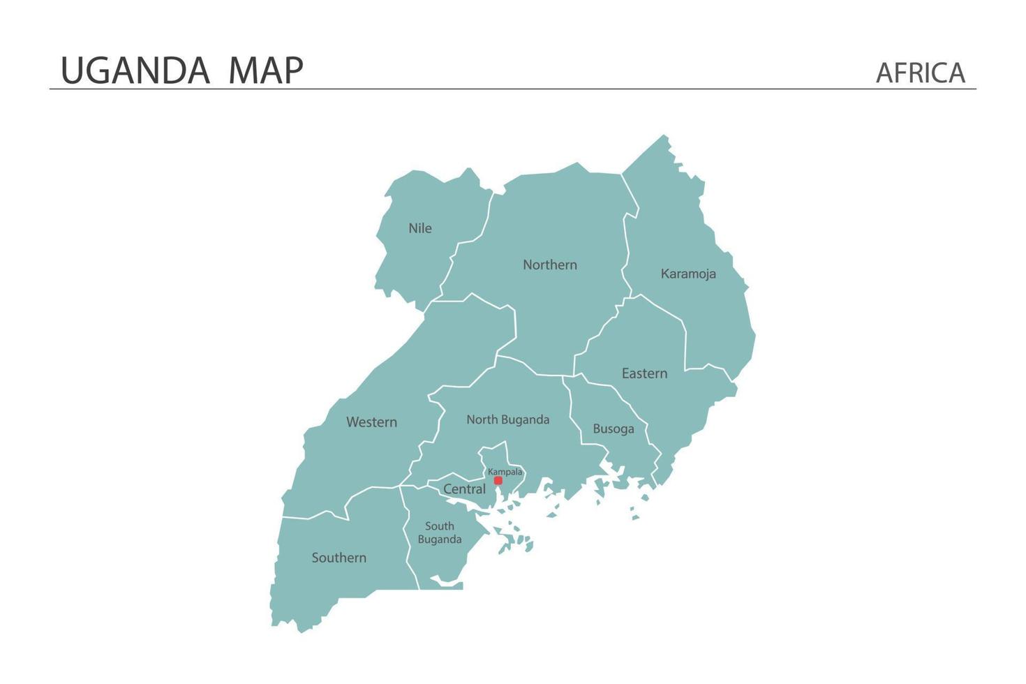 Uganda map vector illustration on white background. Map have all province and mark the capital city of Uganda.