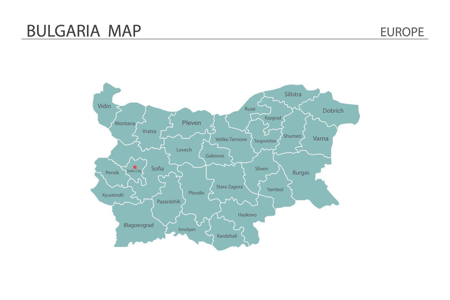 vector de mapa de bulgaria sobre fondo blanco. el mapa tiene toda la provincia y marca la ciudad capital de bulgaria.