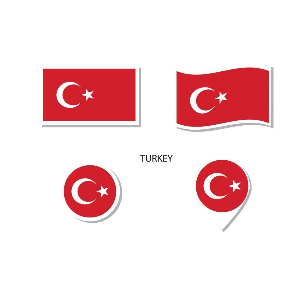 Turkey flag logo icon set, rectangle flat icons, circular shape, marker with flags. vector