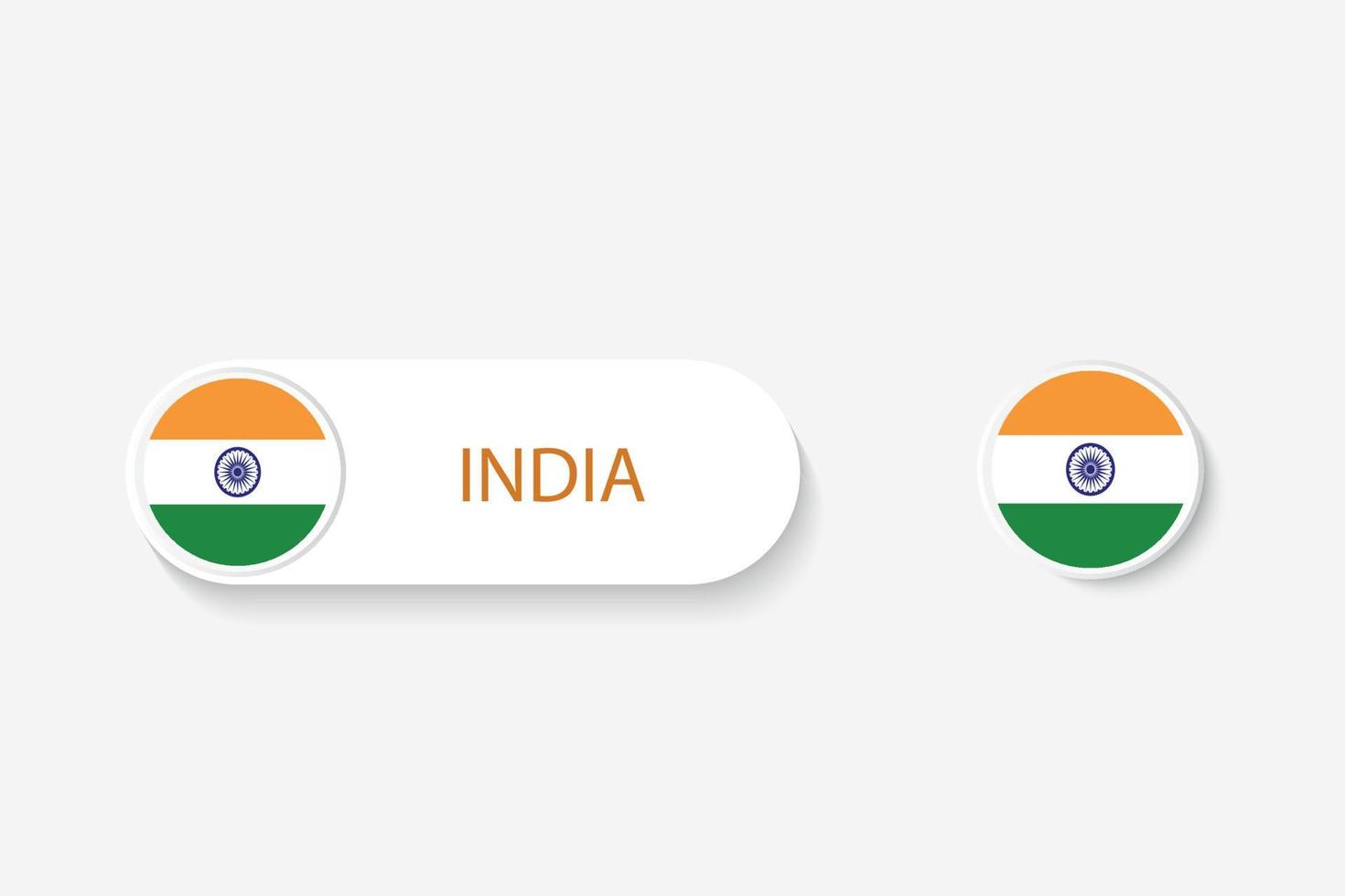 bandera de botón india en ilustración de forma ovalada con palabra de india. y botón bandera india. vector