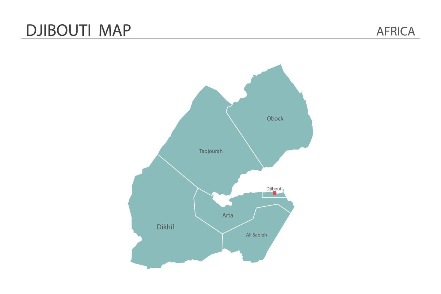 Djibouti mapa ilustración vectorial sobre fondo blanco. el mapa tiene toda la provincia y marca la ciudad capital de djibouti. vector