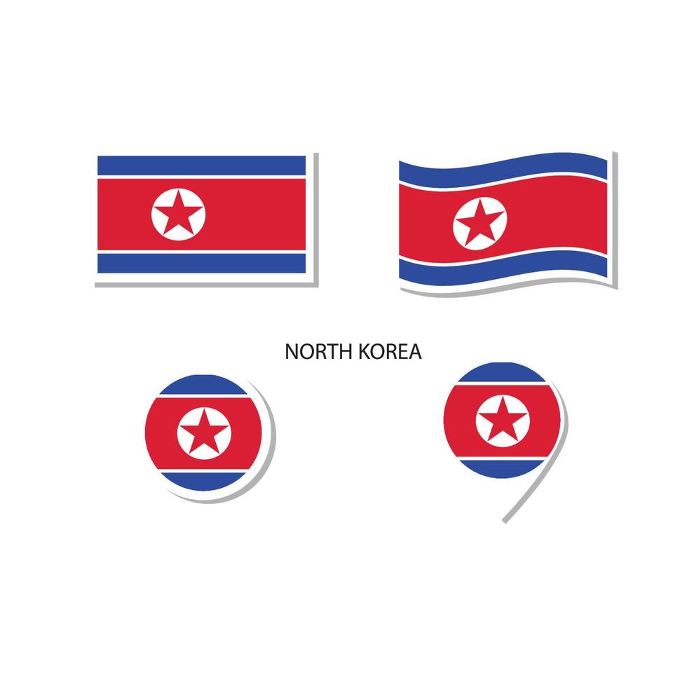 conjunto de iconos del logotipo de la bandera de corea del norte, iconos planos rectangulares, forma circular, marcador con banderas. vector