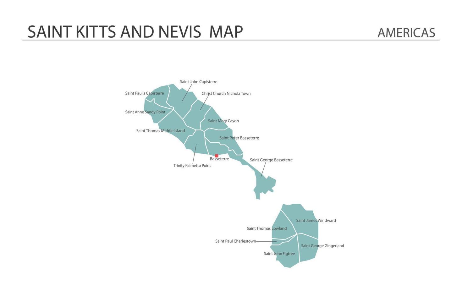 San Cristóbal y Nieves mapa vector sobre fondo blanco. el mapa tiene toda la provincia y marca la ciudad capital de san cristóbal y nieves.