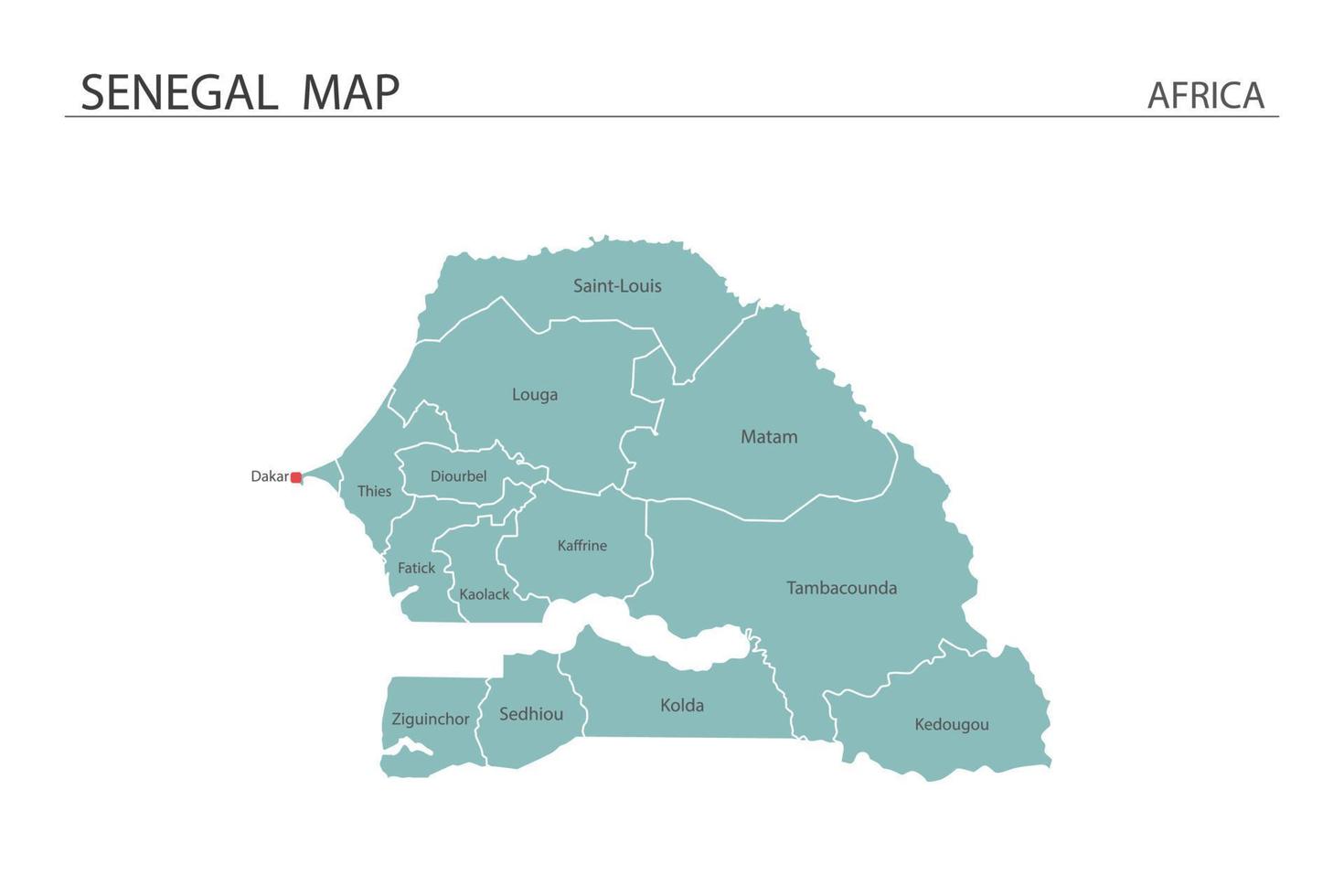 Senegal map vector illustration on white background. Map have all province and mark the capital city of Senegal.