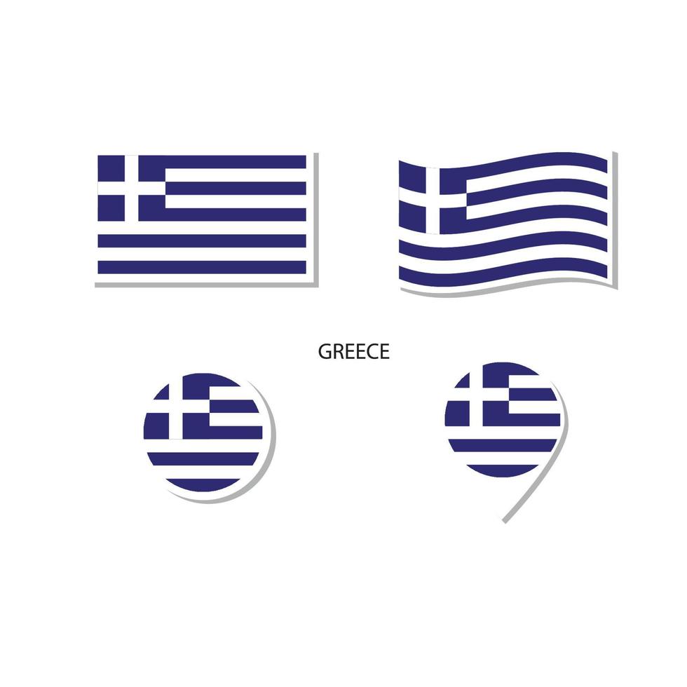 conjunto de iconos del logotipo de la bandera de Grecia, iconos planos rectangulares, forma circular, marcador con banderas. vector