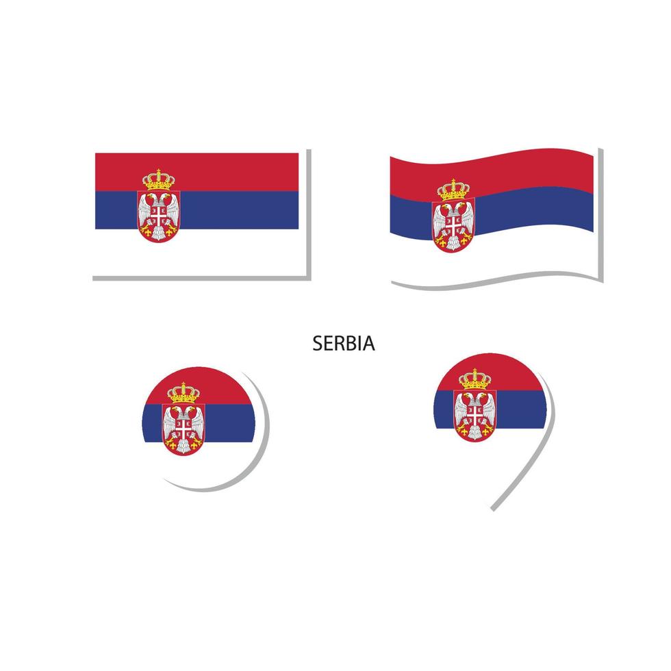 conjunto de iconos del logotipo de la bandera serbia, iconos planos rectangulares, forma circular, marcador con banderas. vector