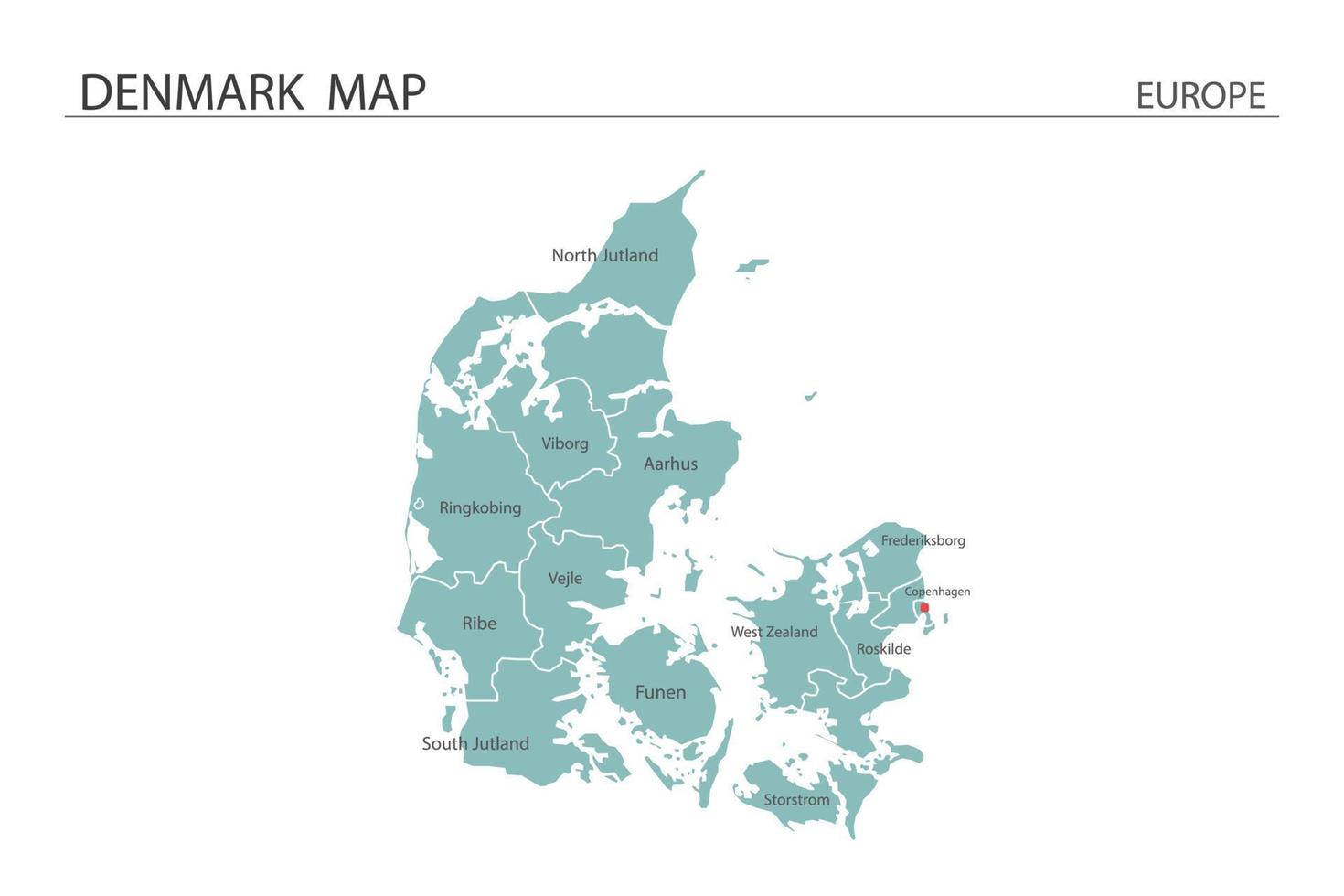 vector de mapa de Dinamarca sobre fondo blanco. el mapa tiene toda la provincia y marca la ciudad capital de dinamarca.