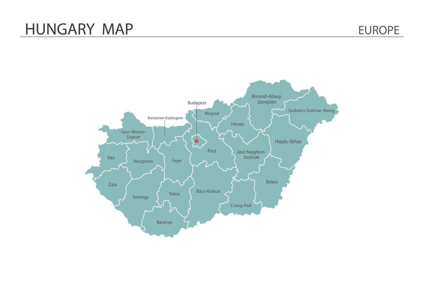 Hungría mapa vector sobre fondo blanco. el mapa tiene toda la provincia y marca la ciudad capital de hungría.