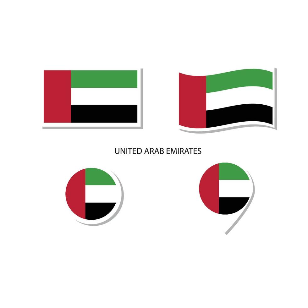 conjunto de iconos del logotipo de la bandera de los emiratos árabes unidos, iconos planos rectangulares, forma circular, marcador con banderas. vector