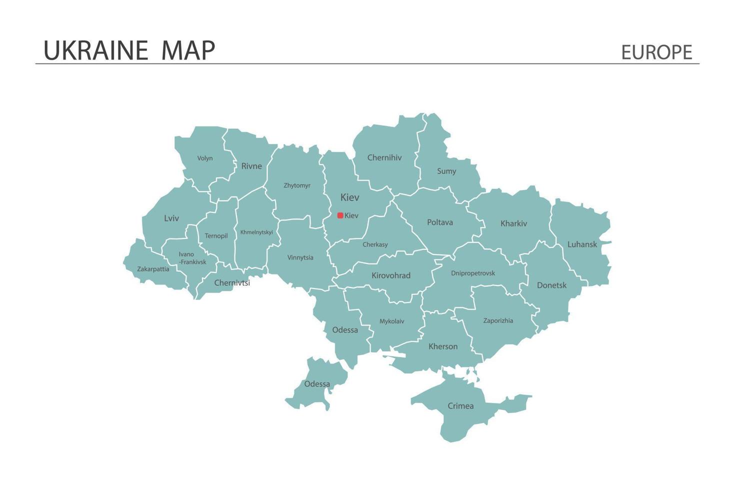 vector de mapa de Ucrania sobre fondo blanco. el mapa tiene toda la provincia y marca la ciudad capital de ucrania.