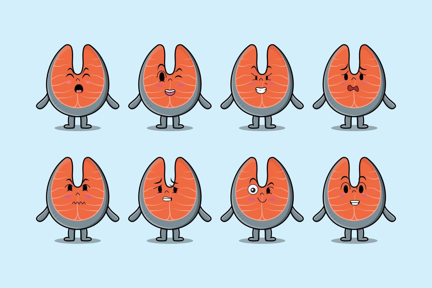 Set kawaii fresh salmon cartoon with expressions vector