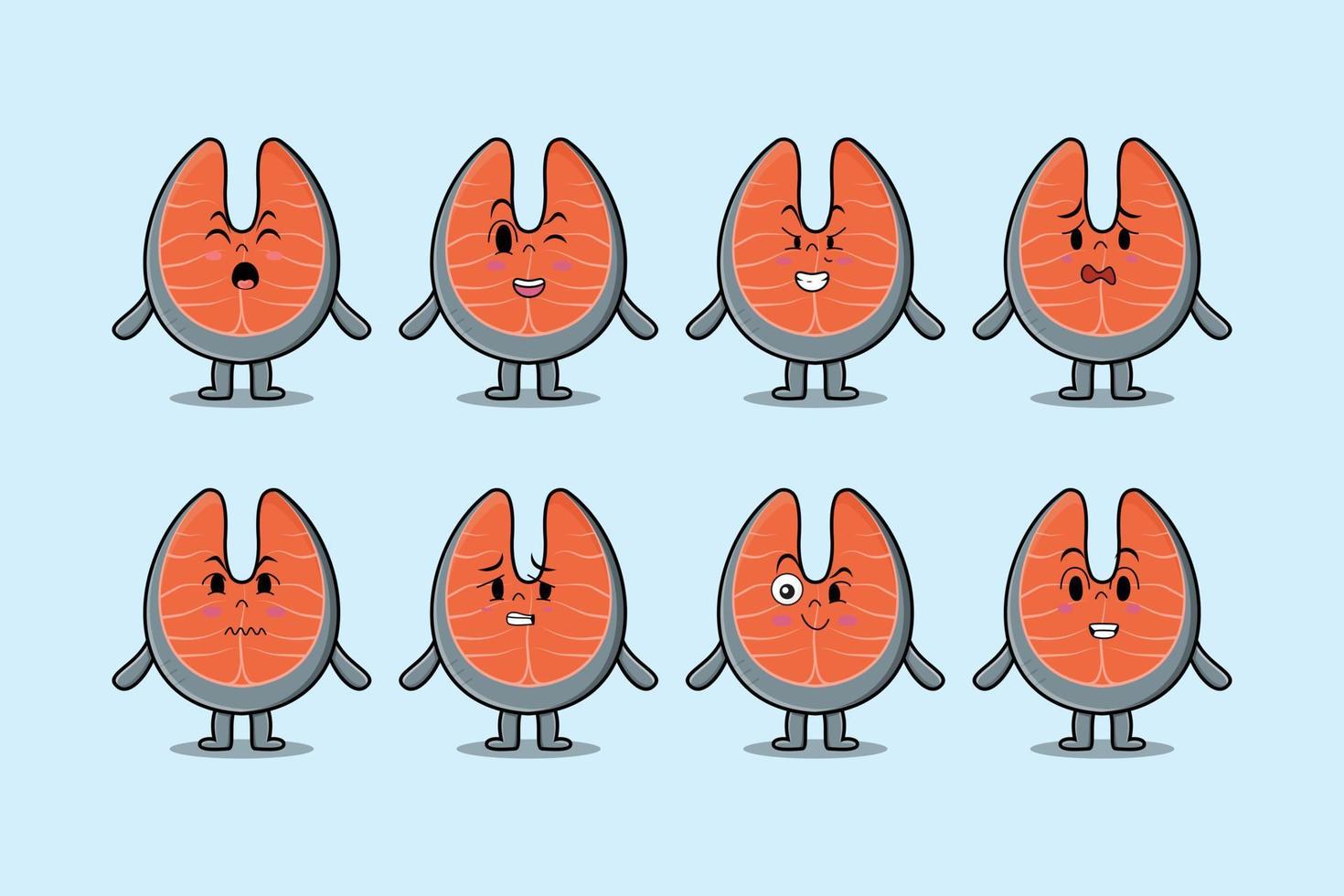 Set kawaii fresh salmon cartoon with expressions vector