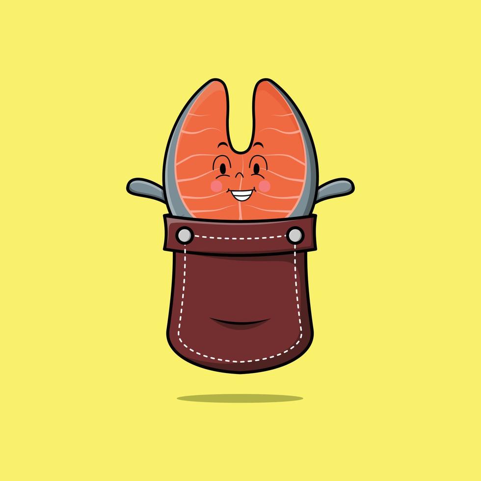 Cute cartoon fresh salmon coming out from pocket vector