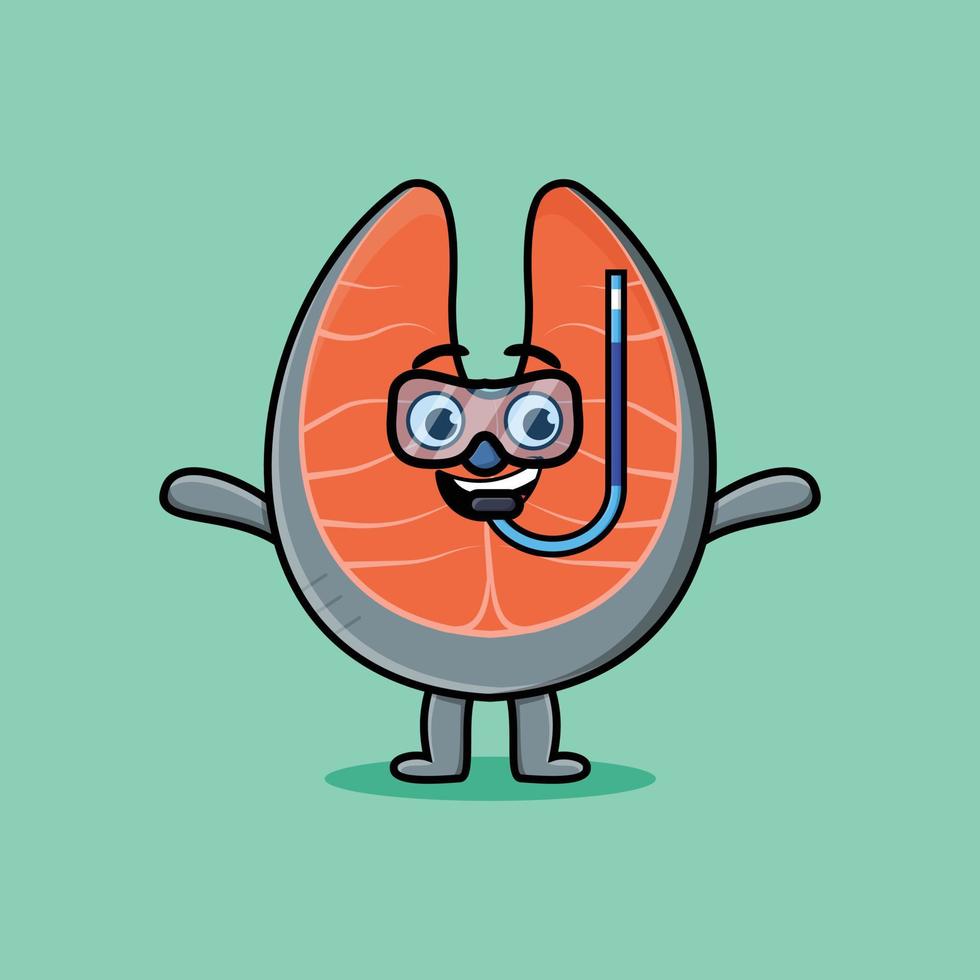 buzo de salmón fresco de dibujos animados con vaso de natación vector