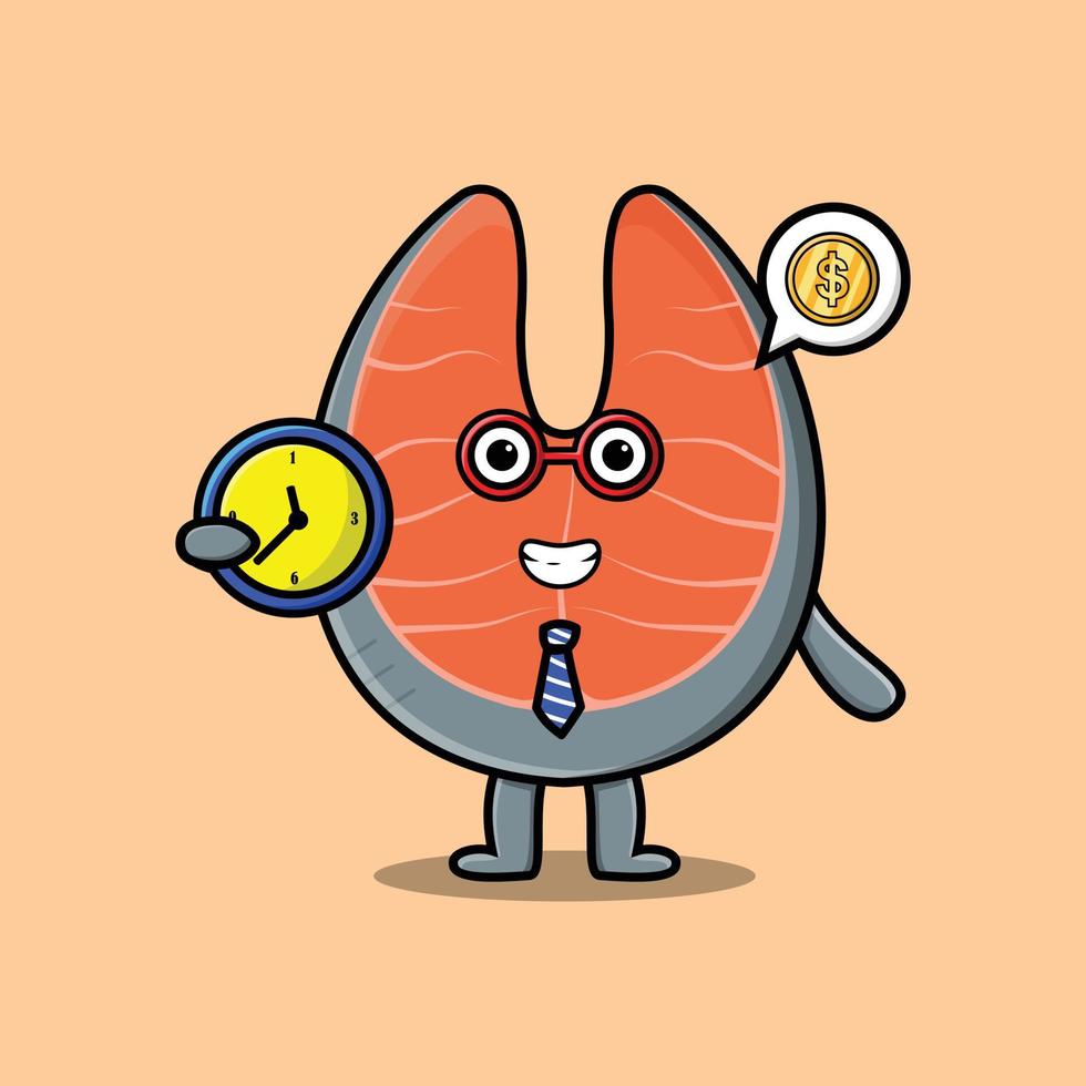 Cute cartoon fresh salmon character holding clock vector