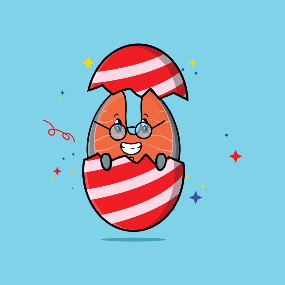 salmón fresco de dibujos animados lindo fuera del huevo de pascua vector