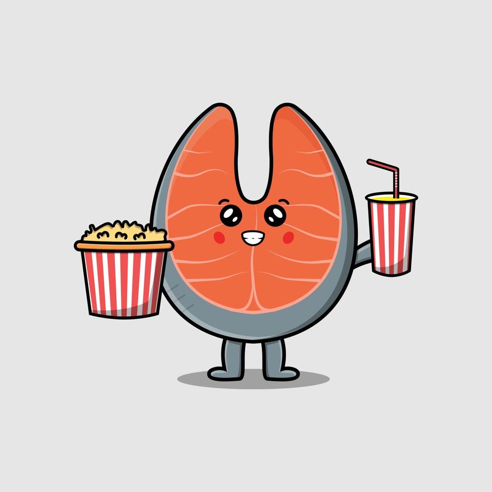 Cute cartoon fresh salmon with popcorn and drink vector