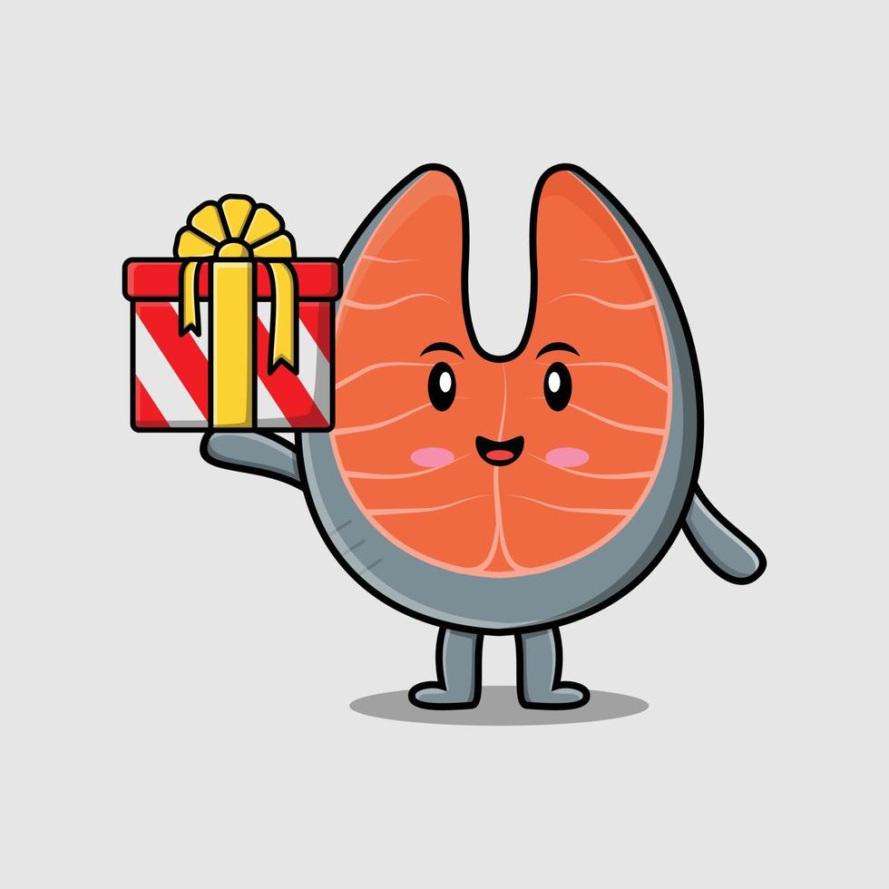 Cute cartoon fresh salmon character hold gift box vector