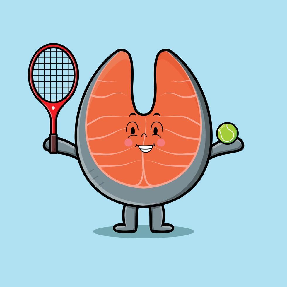 Cute cartoon fresh salmon playing tennis field vector