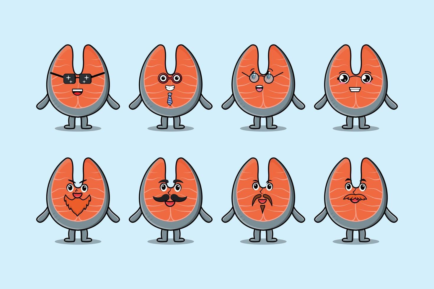 Set kawaii fresh salmon cartoon with expressions vector
