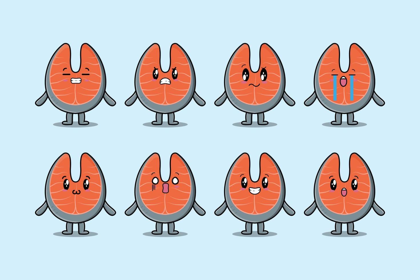 Set kawaii fresh salmon cartoon with expressions vector