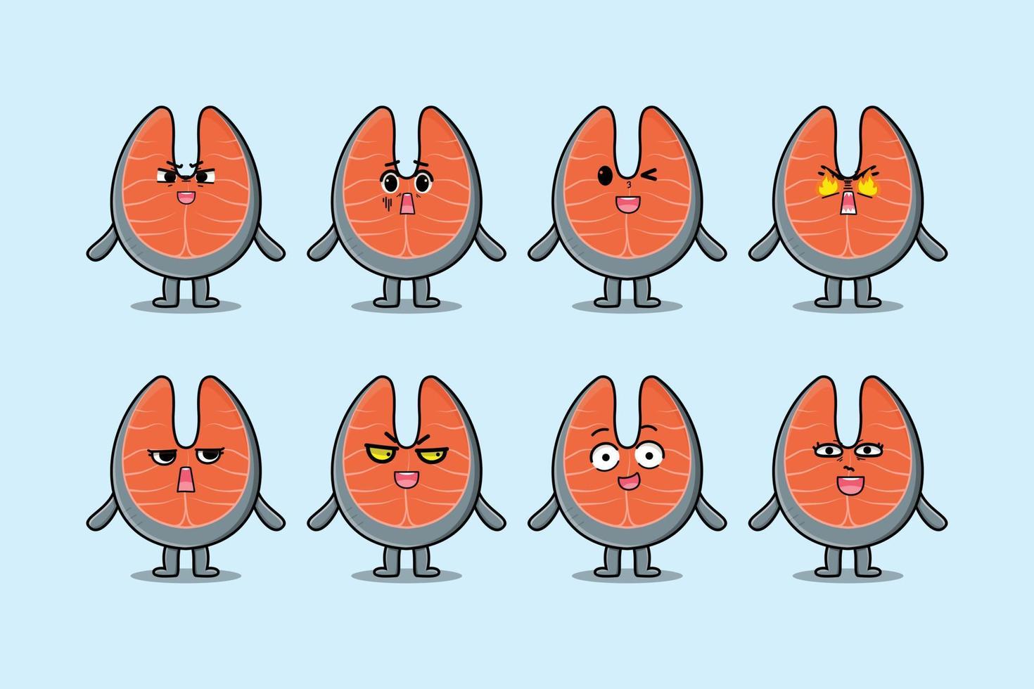 Set kawaii fresh salmon cartoon with expressions vector