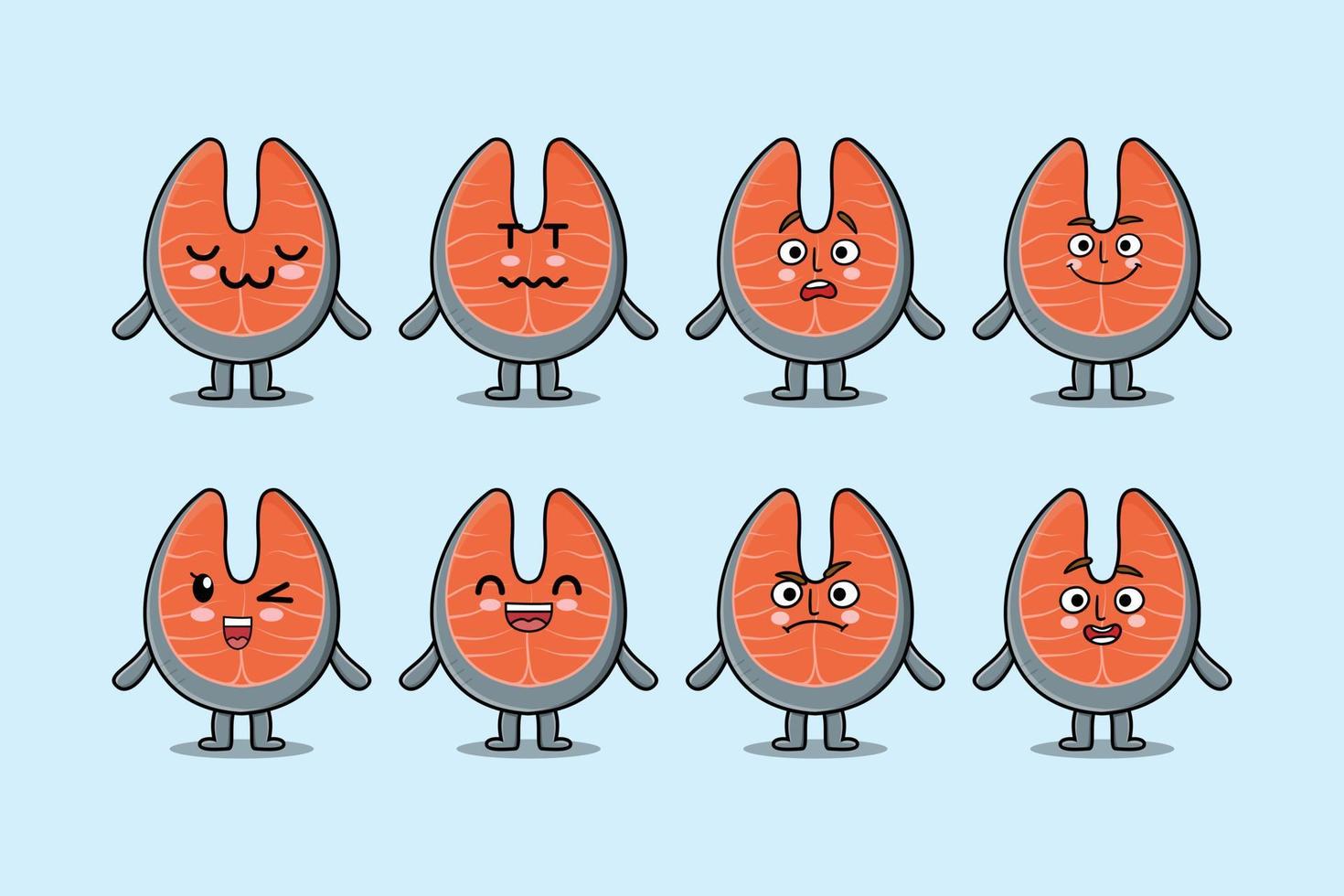 Set kawaii fresh salmon cartoon with expressions vector