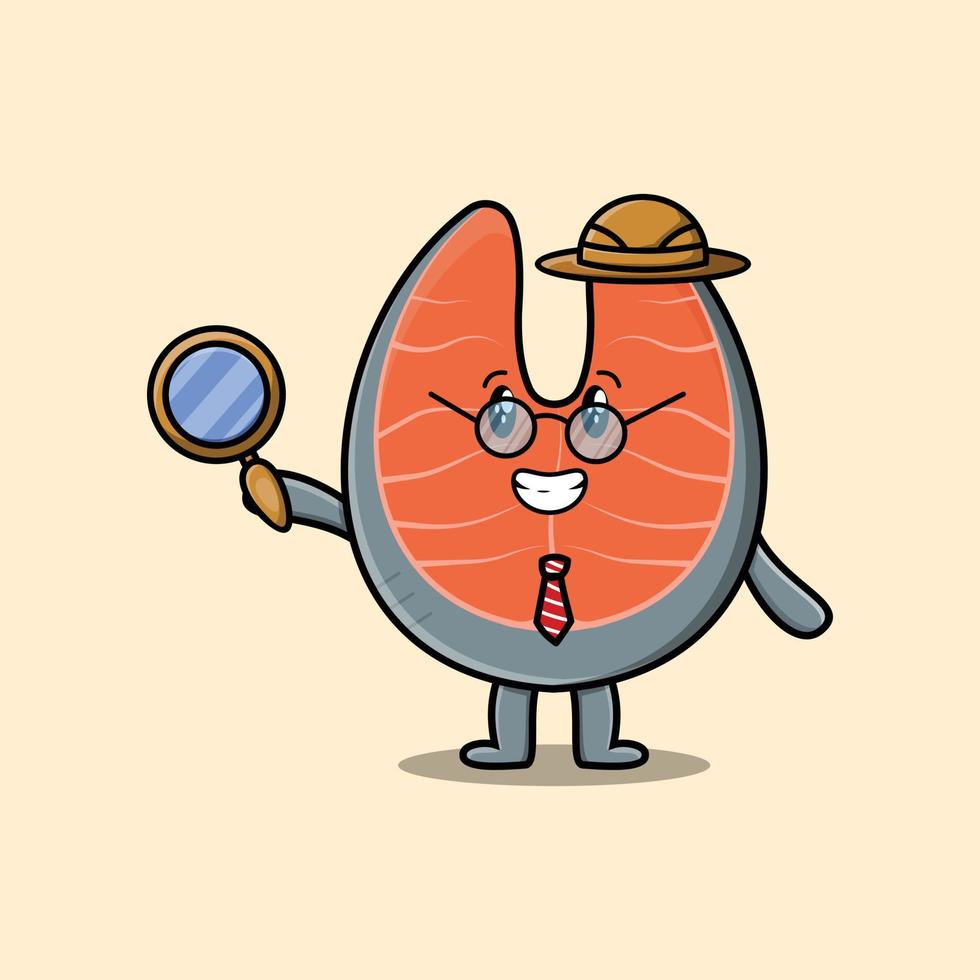 personaje de dibujos animados lindo detective de salmón fresco vector