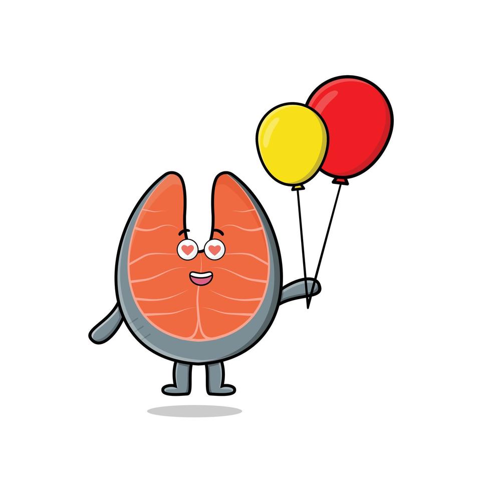 salmón fresco de dibujos animados lindo flotando con globo vector