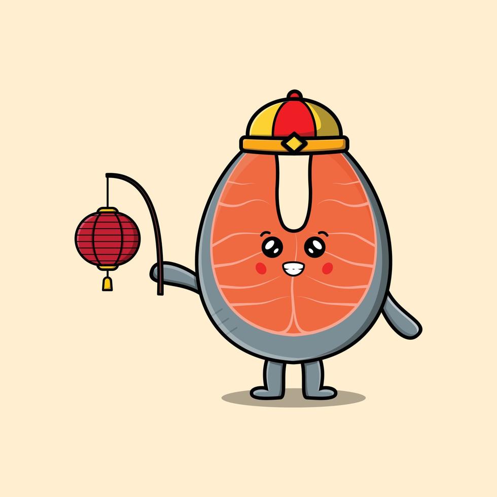 Cute cartoon fresh salmon chinese holding lantern vector