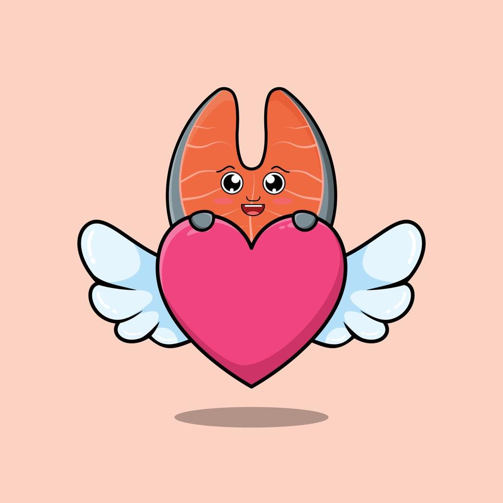 cute cartoon fresh salmon character hiding heart vector