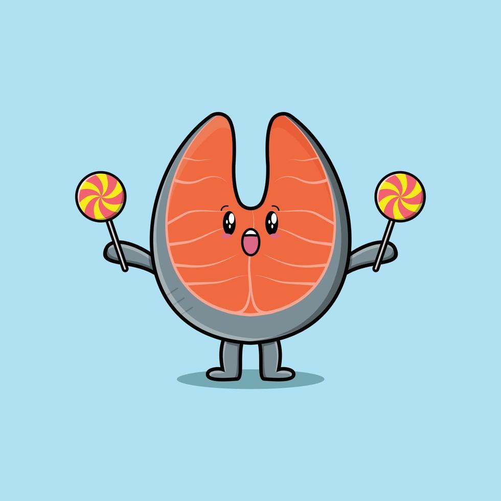 Cute cartoon fresh salmon holding lollipop candy vector