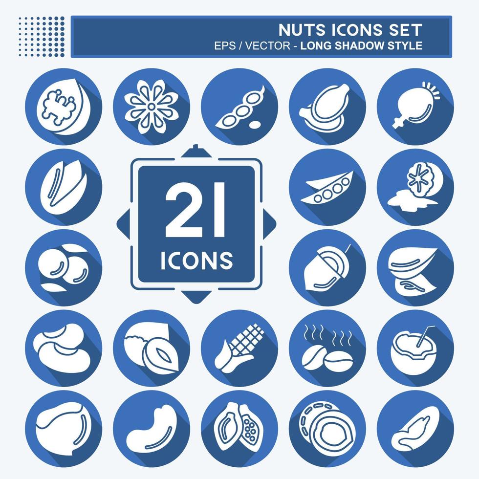 conjunto de iconos nueces. adecuado para el símbolo de las nueces. estilo de sombra larga. diseño simple editable. vector de plantilla de diseño. ilustración sencilla