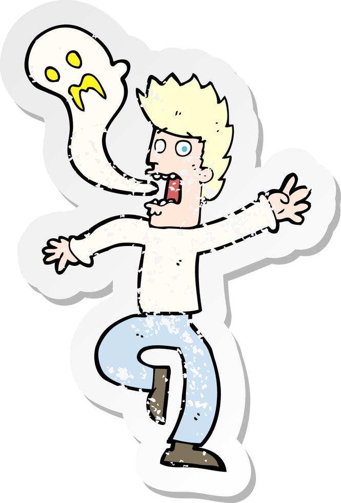 retro distressed sticker of a cartoon ghost leaving man vector