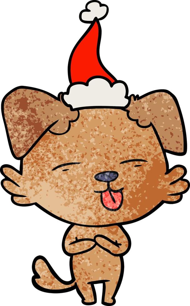 caricatura texturizada de un perro sacando la lengua con sombrero de santa vector