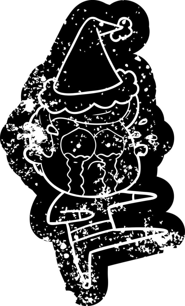cartoon distressed icon of a crying dancer wearing santa hat vector