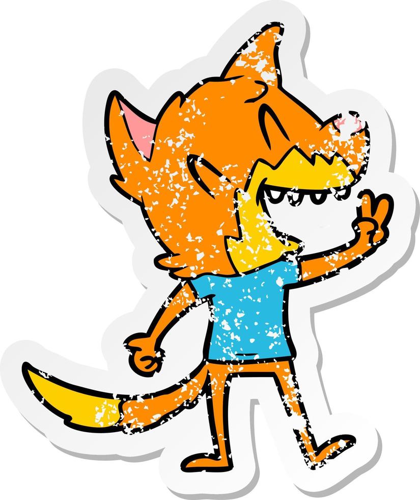 distressed sticker of a laughing fox cartoon vector